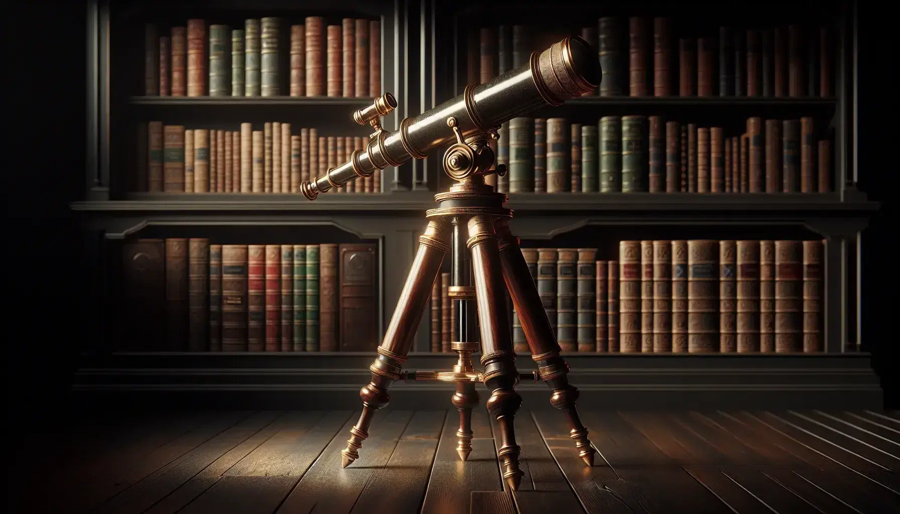 Telescopio refractor antiguo con acabado de bronce sobre trípode de madera oscura y estantería con libros en fondo iluminado suavemente.