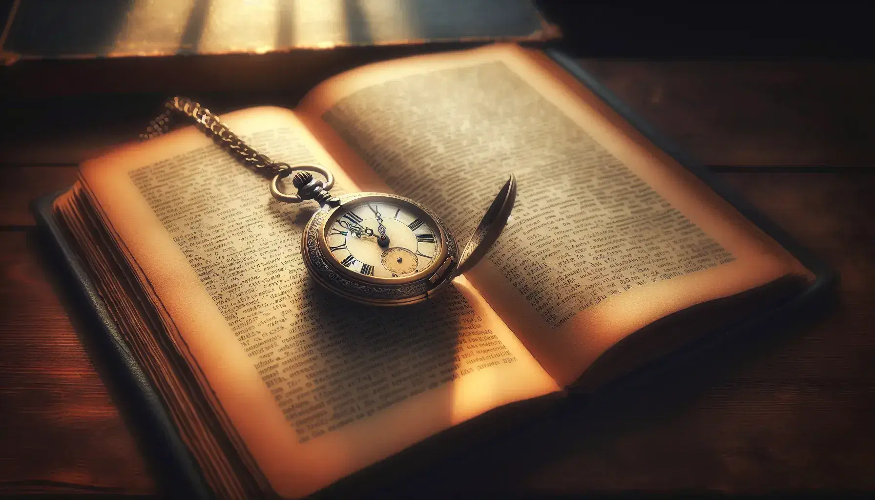 Orologio da tasca antico aperto su pagine ingiallite di un libro, posato su tavolo in legno scuro con luce soffusa e ombre suggestive.