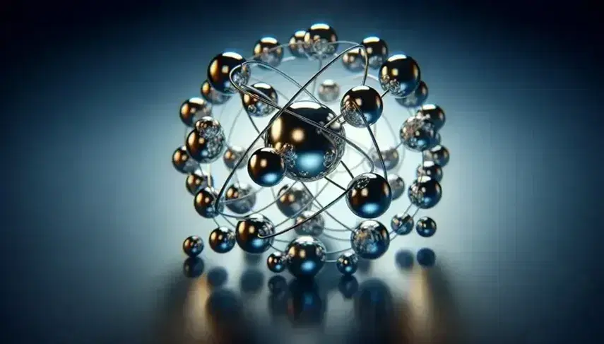 Shiny metallic sphere representing an atomic nucleus surrounded by small spheres connected by transparent filaments on a gradient blue background.