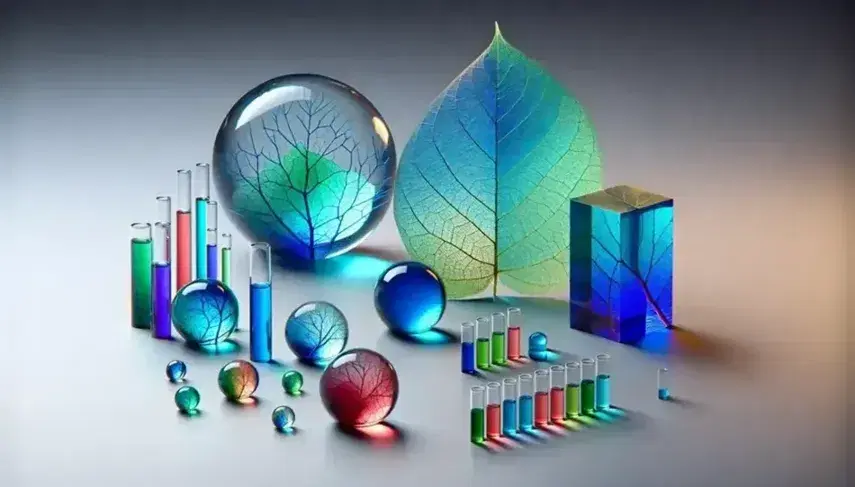 Vari oggetti in resina sintetica, inclusa una sfera trasparente con filamenti colorati, un cubo blu, una foglia verde e cilindri colorati su sfondo neutro.