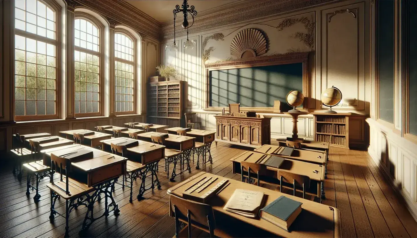 Aula antigua con pupitres de madera y patas de hierro orientados hacia pizarra negra vacía, escritorio con globo terráqueo y libros, estanterías con más libros y luz natural filtrándose por ventanas grandes.