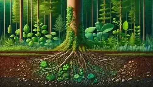 Cross section of a forest showing plant life above and below ground, with intertwined roots and vascular system visible.