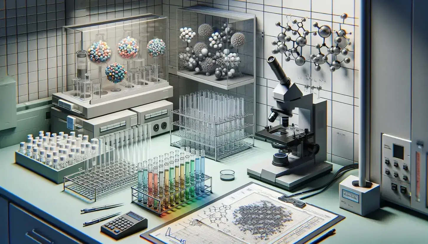 Laboratorio di ricerca biomedica con microscopio elettronico, provette colorate, cappa a flusso laminare e modelli molecolari sullo sfondo.