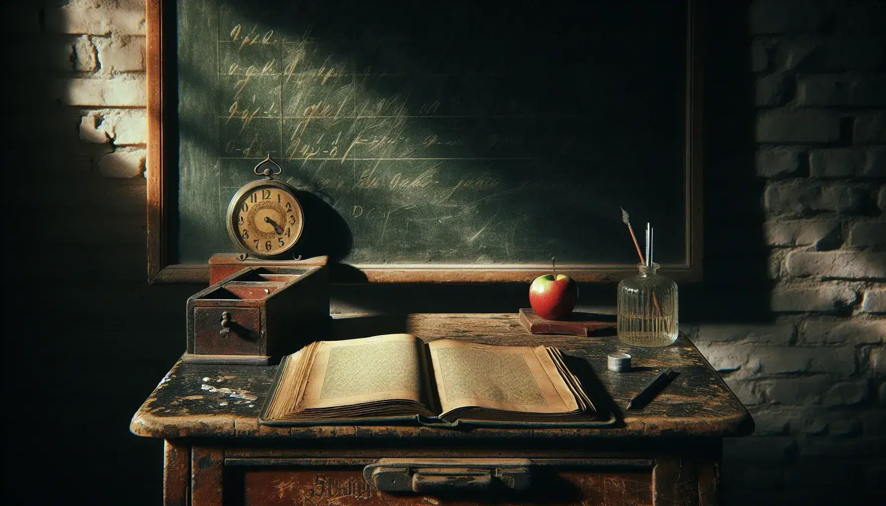 Scena nostalgica di un'aula scolastica vintage con banco in legno, libro aperto, mela rossa e calamaio su sfondo di lavagna e orologio.