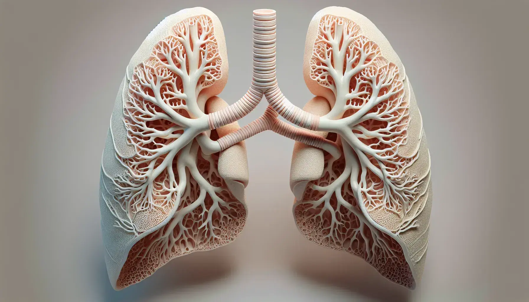 Modelo anatómico tridimensional del sistema respiratorio humano mostrando tráquea bifurcada, bronquios, pulmones rosados con textura esponjosa y diafragma gris.