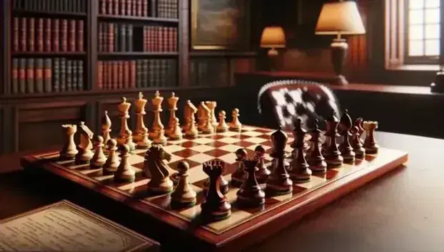 Scacchiera in legno con pezzi artigianali in gioco, sfondo sfocato di libreria con libri rilegati, illuminazione calda.
