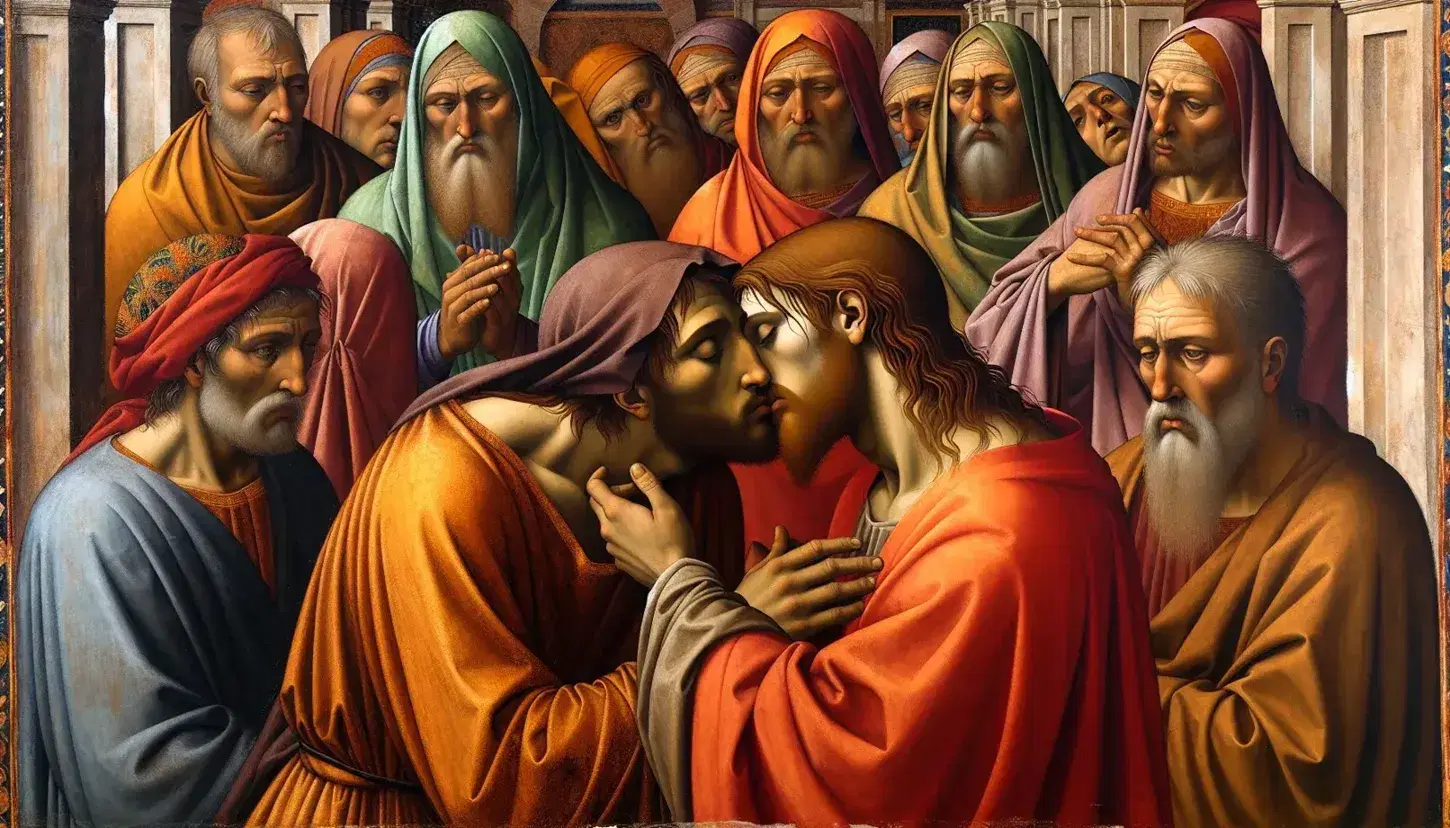 Affresco di Giotto 'Il Bacio di Giuda' con Judas in giallo che tradisce Gesù in rosso, circondati da figure in tunica, Scrovegni.