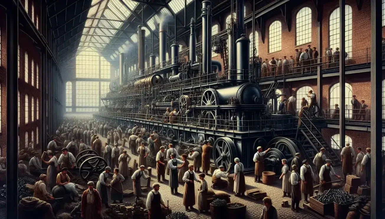 Scena di fabbrica durante la prima rivoluzione industriale con operai intenti a lavorare attorno a un grande motore a vapore.