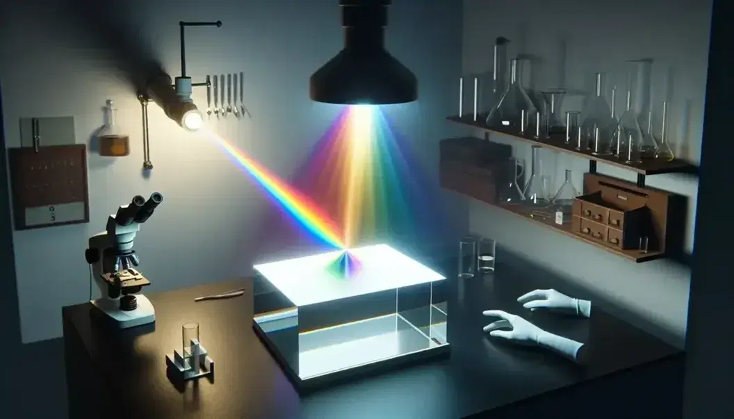 Laboratory prism dispersing white light into a color spectrum on a table, with optical instruments on a shelf and a gloved hand holding a slide.