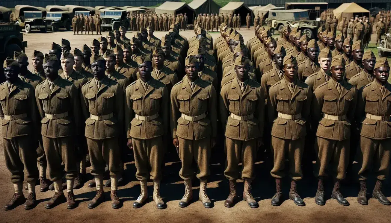 African American WWII soldiers in olive uniforms stand at attention in a military camp with tents and vehicles in the background.