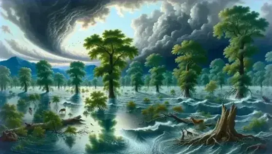 Natural landscape with a flooded river, submerged trees, stormy clouds and fleeing animals, without human presence.