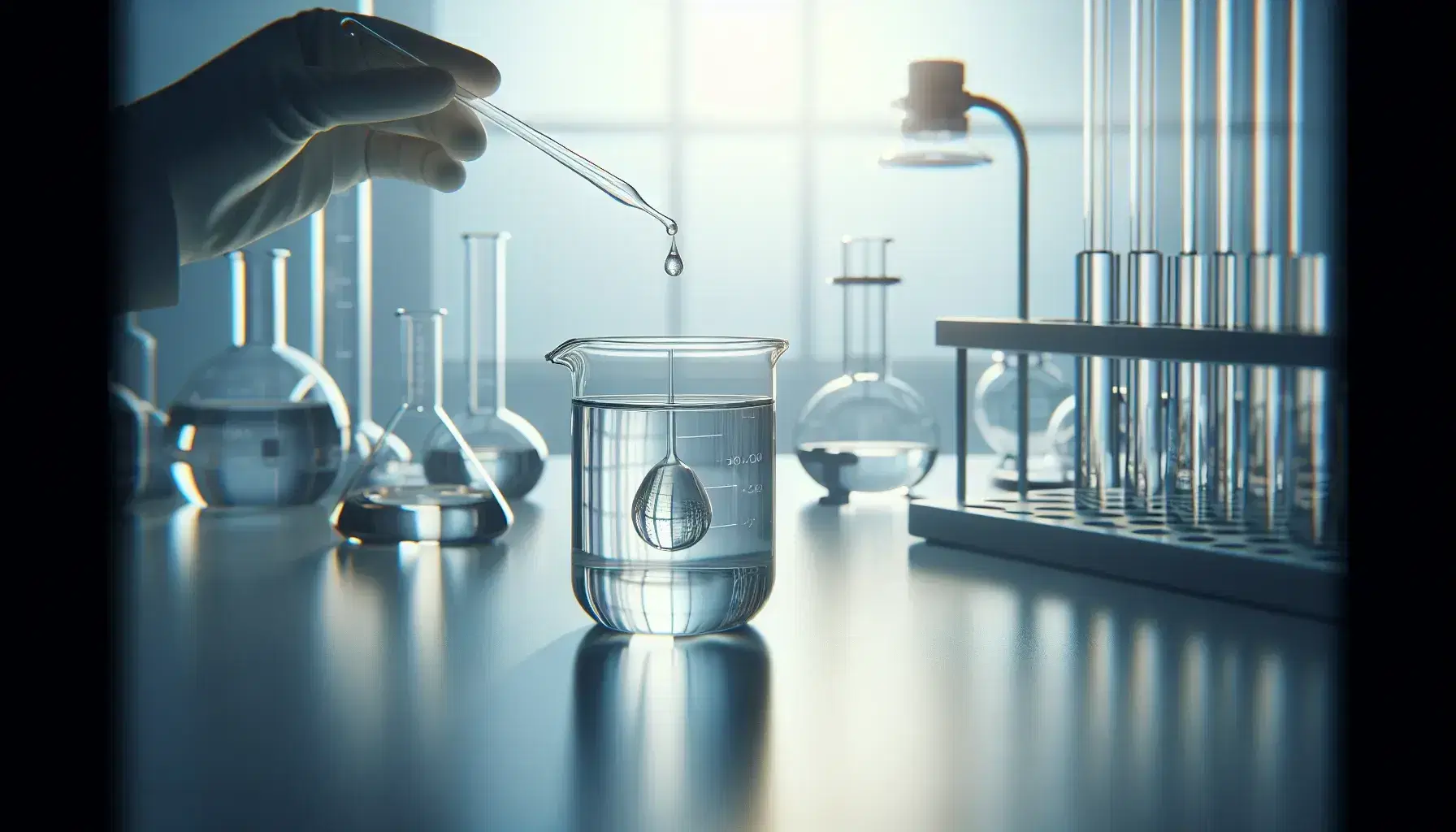 Chemical laboratory with glass beaker containing clear liquid and dropper releasing a drop, blurred background with laboratory equipment.