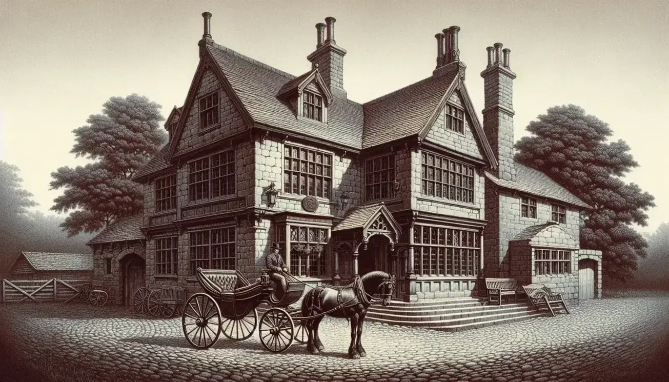 Victorian-era inn with gabled roof and stone facade, horse-drawn carriage parked in cobblestone courtyard, and large tree casting shadows.