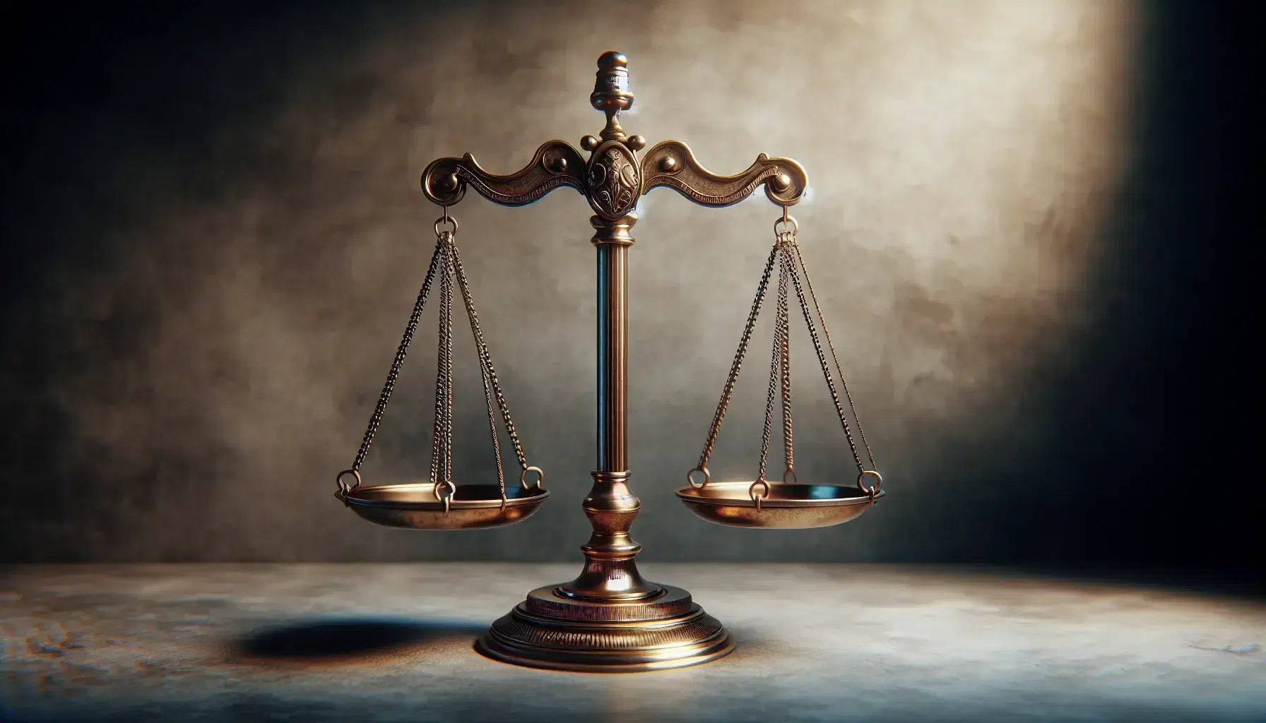 Balanza de justicia clásica equilibrada en metal brillante con fondo de pared de piedra desenfocada, sin textos ni símbolos visibles.