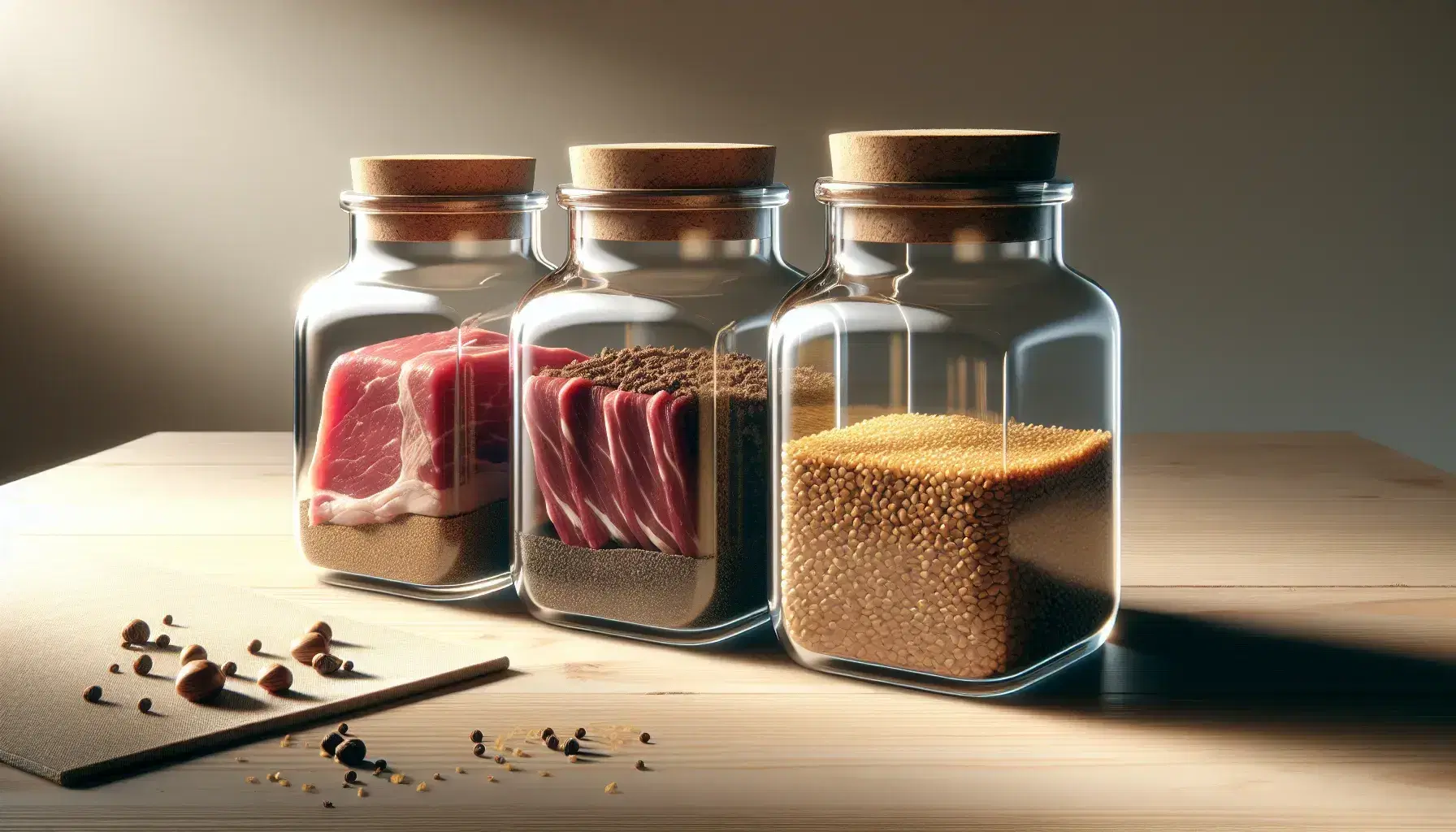 Tarros de vidrio en mesa de madera con carne cruda y granos amarillos, el más pequeño vacío, iluminados naturalmente.