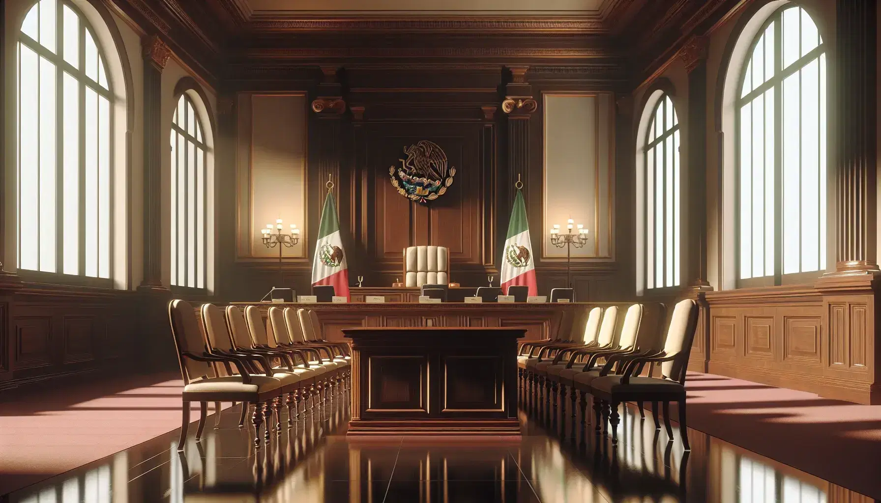 Sala de tribunal vacía con mesa de madera oscura, sillas a juego, estrado con silla para juez y banderas de México a los lados.