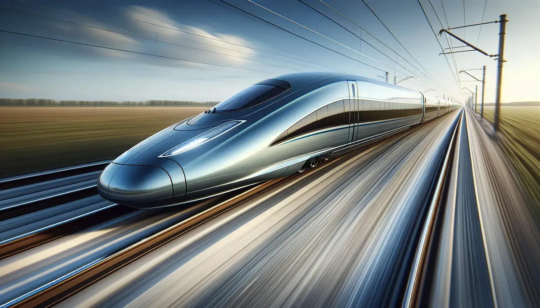 High-speed train in motion with a blue to silver gradient design on straight rails, reflecting sunlight, against a clear blue sky with wispy clouds.