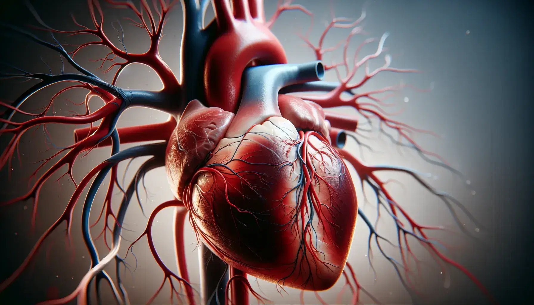 Modelo anatómico detallado de un corazón humano con cámaras y vasos principales visibles en tonos rojos y azules, destacando la red circulatoria sobre fondo neutro.
