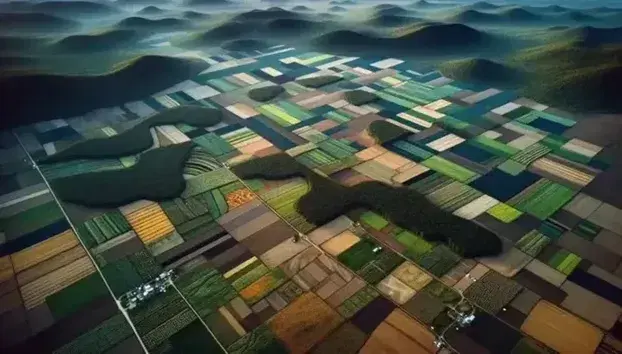 Vista aérea de campos agrícolas con parcelas de cultivos variados junto a un bosque y montañas al fondo bajo un cielo azul despejado.