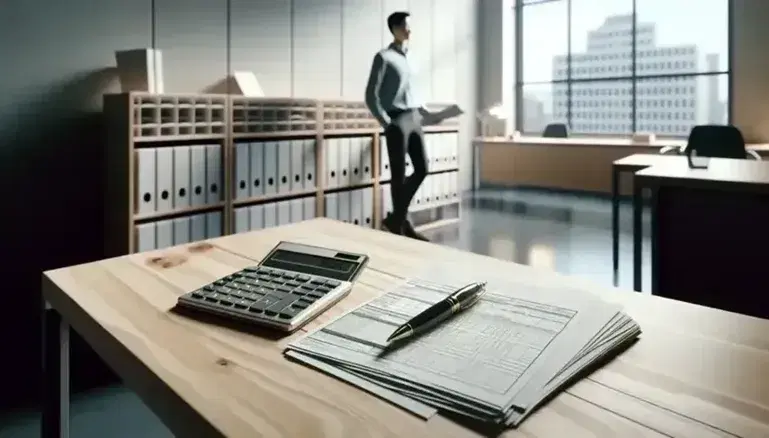 Escena de oficina gubernamental moderna con mesa de madera, calculadora, papeles y bolígrafo, y una persona de camisa azul y pantalón oscuro al fondo.