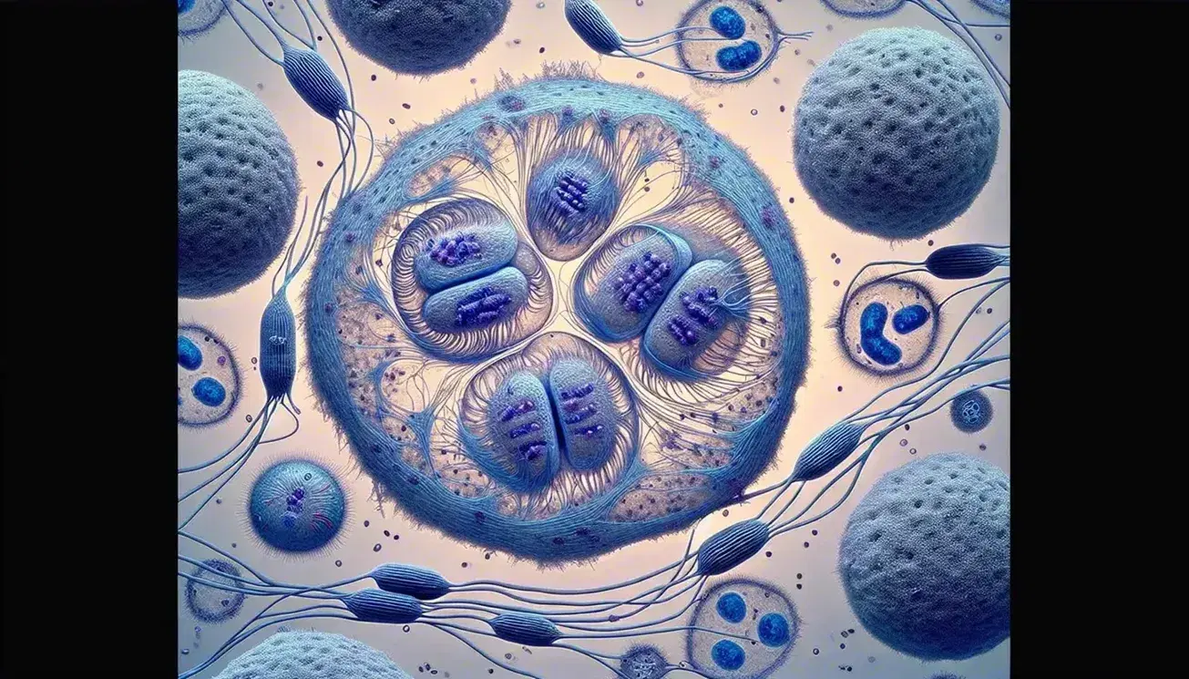 Células humanas en distintas fases de mitosis bajo microscopio, con cromosomas azules alineados en metafase, separándose en anafase y núcleos reformándose en telofase.