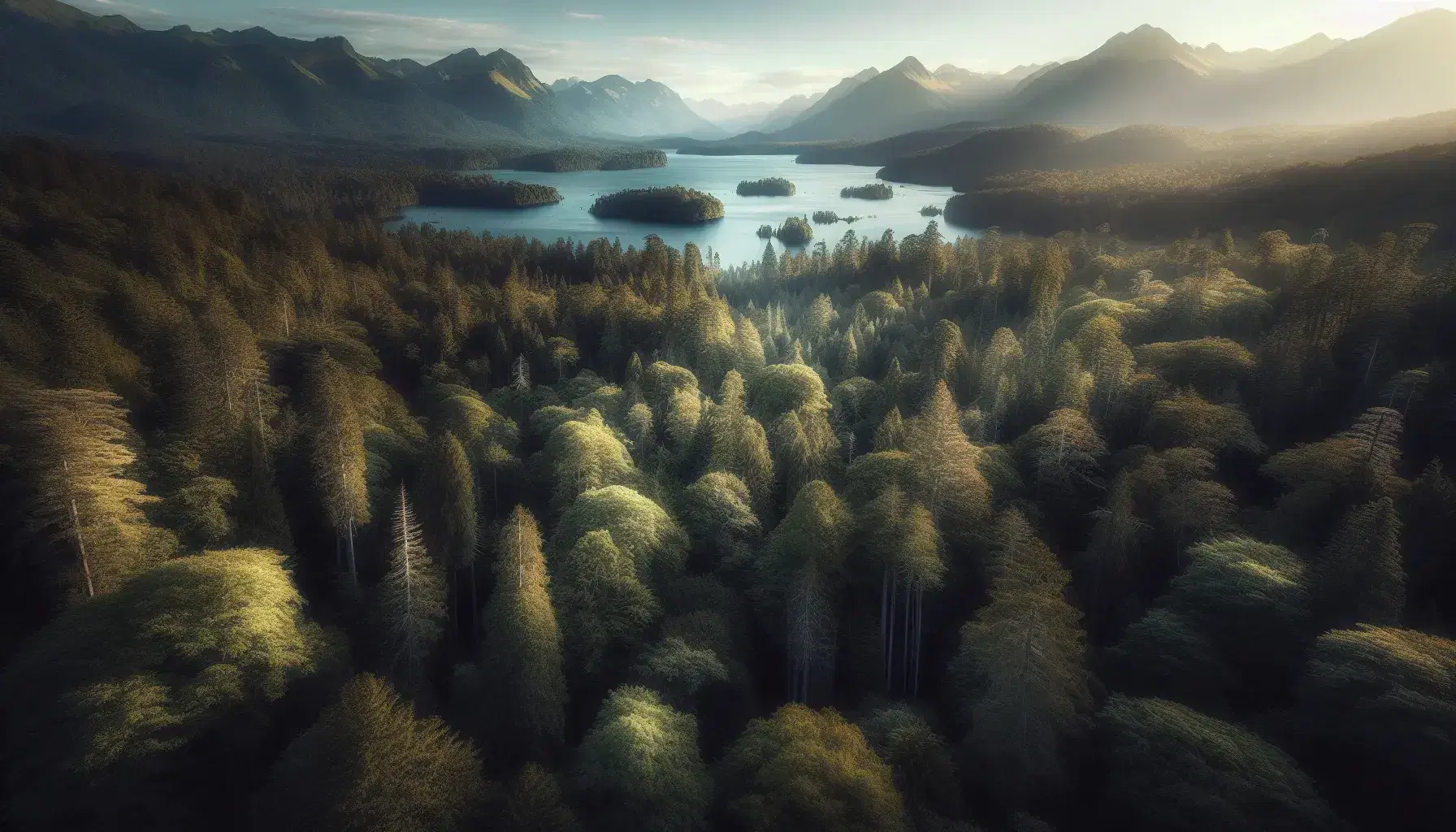 Vista panorámica de un bosque denso con árboles de tonos verdes y amarillos, un lago sereno y montañas en la distancia, con una figura humana observando.
