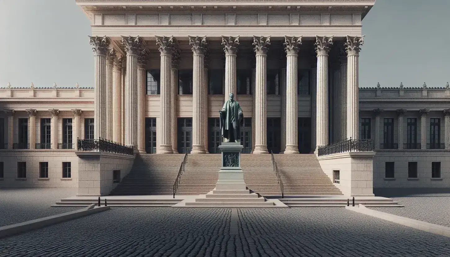 Fachada neoclásica con columnas corintias y escalinatas, estatua de bronce de hombre con libro en plaza adoquinada bajo cielo despejado.