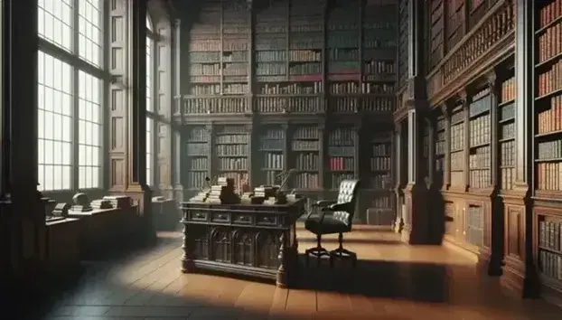Biblioteca classica con scrivania in legno scuro, libri colorati impilati, scaffali pieni, sedia in pelle verde e tappeto persiano.