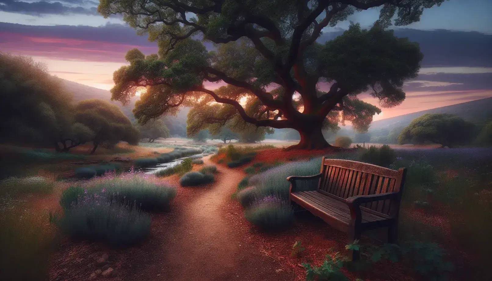 Twilight landscape with a wooden bench under a leafy tree, cobblestone path lined with wildflowers, and a distant mountain silhouette against a sunset sky.