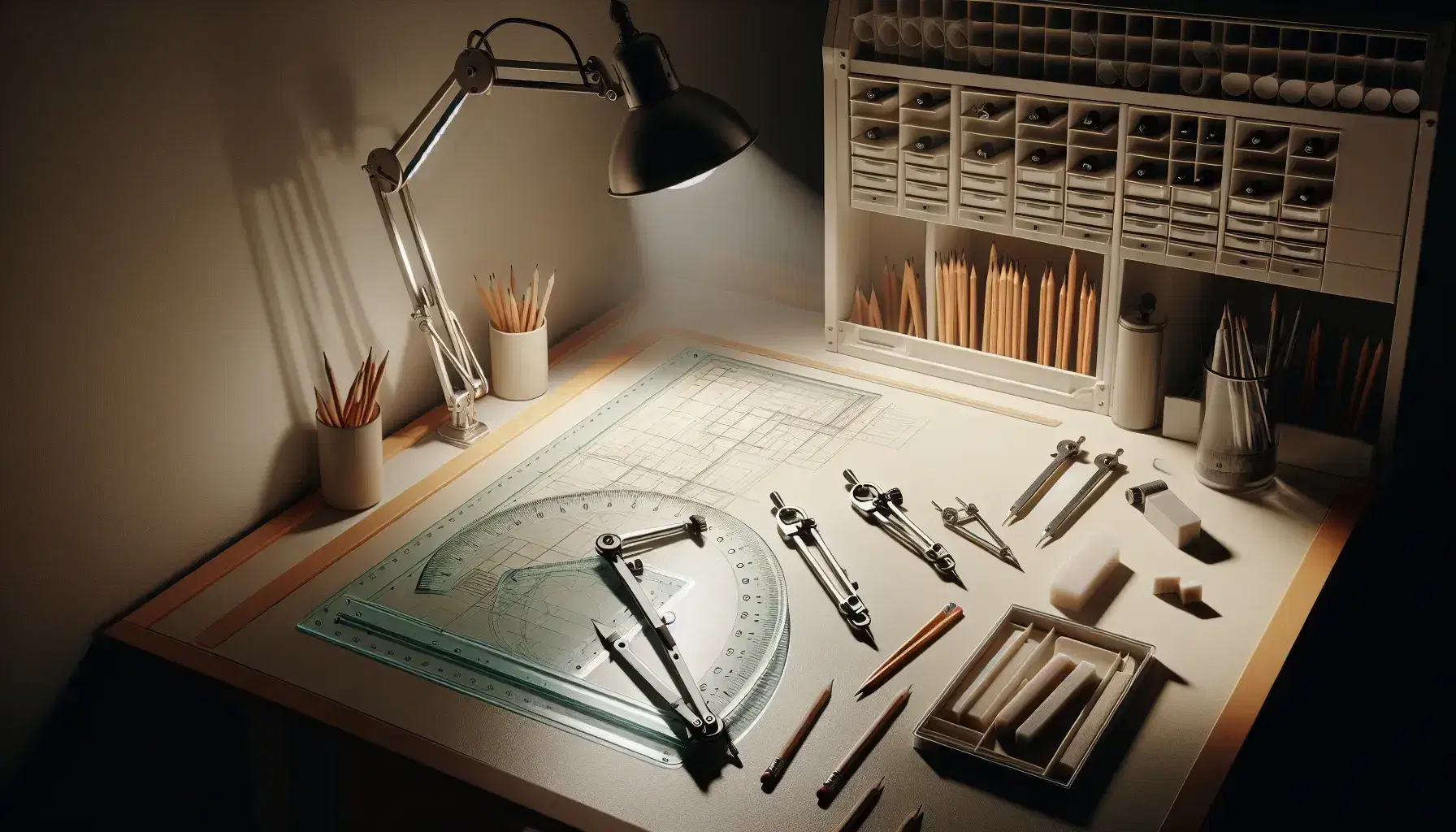 Mesa de trabajo con tablero de dibujo técnico, regla T, herramientas de precisión como compases y escuadras, lápices afilados y borrador, bajo luz de lámpara ajustable.