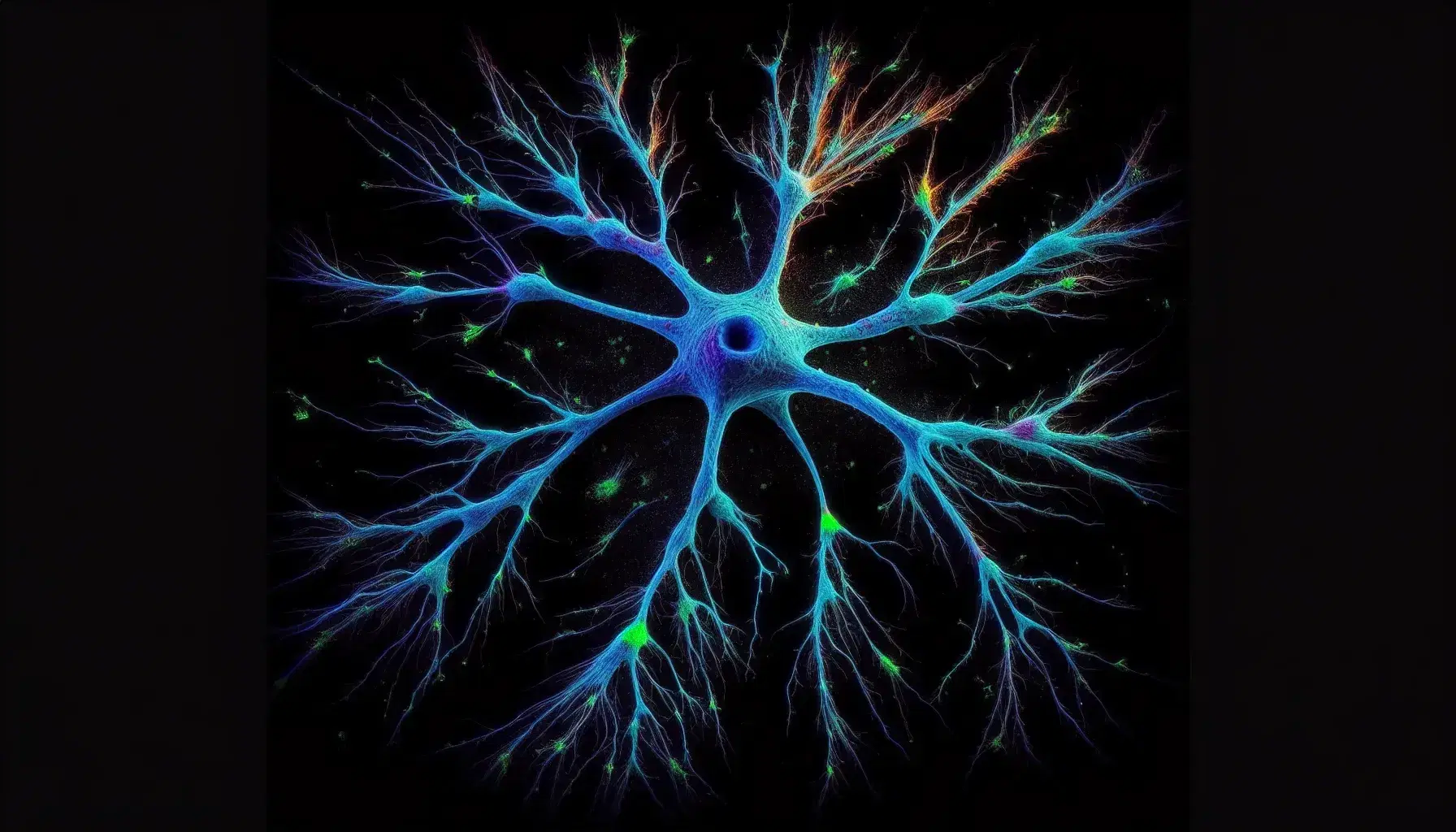 Neurona teñida en microscopía con cuerpo celular azul intenso y extensiones que pasan de azul a verde claro, sobre fondo negro.