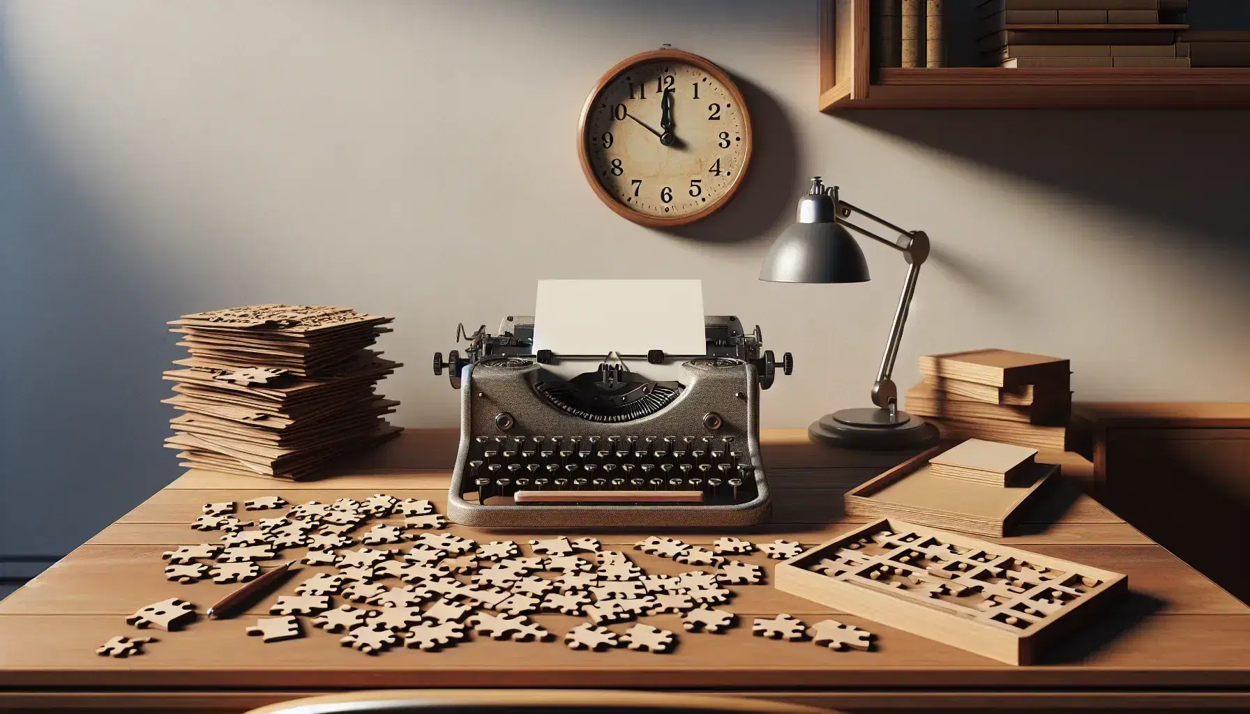 Wooden desk with vintage typewriter, blank sheet of paper, partially assembled wooden puzzle and analog clock without numbers.