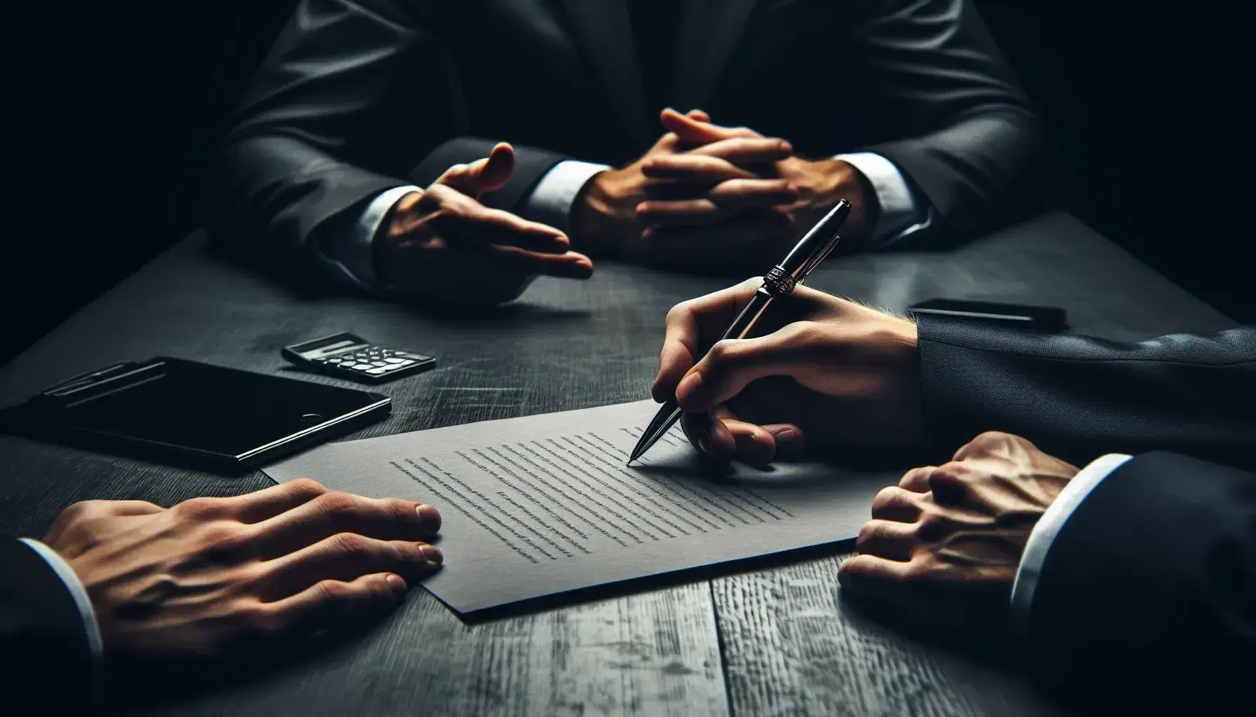Manos sobre mesa de madera oscura durante firma de documento con bolígrafo metálico, personas en traje al fondo y dispositivos tecnológicos al lado.