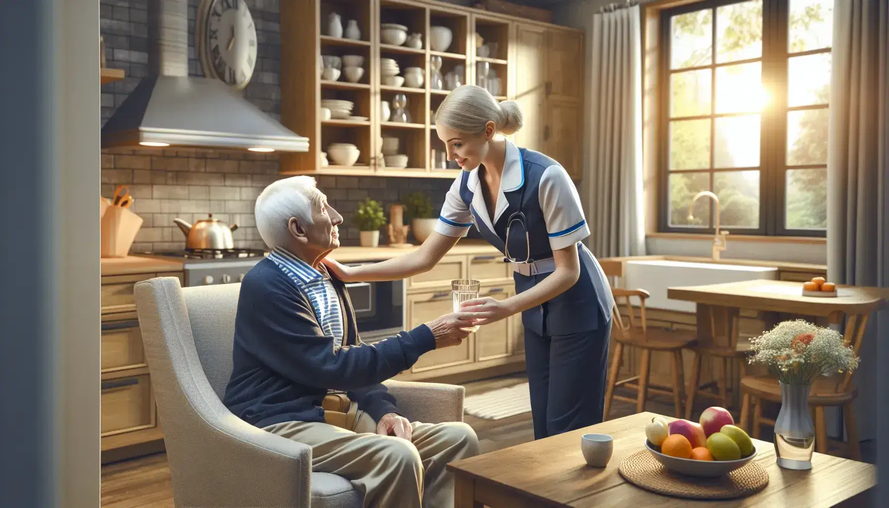 Assistente domiciliare in divisa aiuta anziano seduto a bere, in cucina moderna con frutta e fiori sul tavolo.