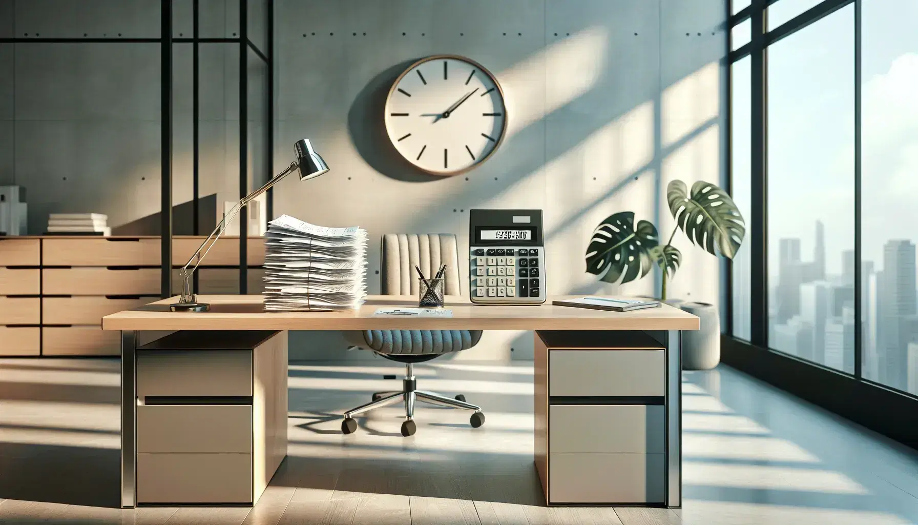Oficina moderna y luminosa con escritorio de madera, calculadora negra, recibos, silla ergonómica gris y reloj analógico en la pared, junto a planta interior verde.