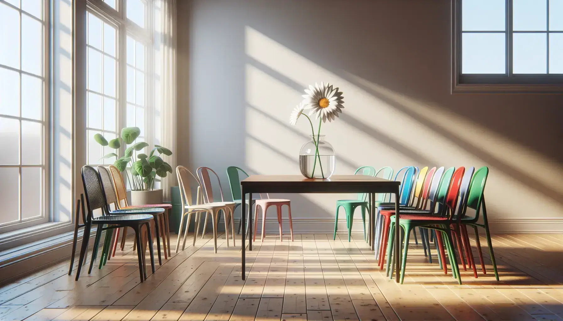 Interno luminoso con tavolo in legno e vaso di vetro contenente margherita, sedie impilabili colorate e pianta verde vicino alla finestra.