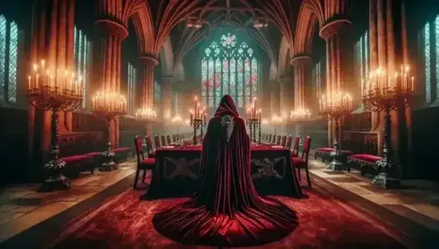 Salón de baile gótico con altos arcos y ventanas de vidrio plomado, mesa central con mantel de terciopelo rojo, candelabros de plata, sillas talladas y figura enigmática en túnica roja.