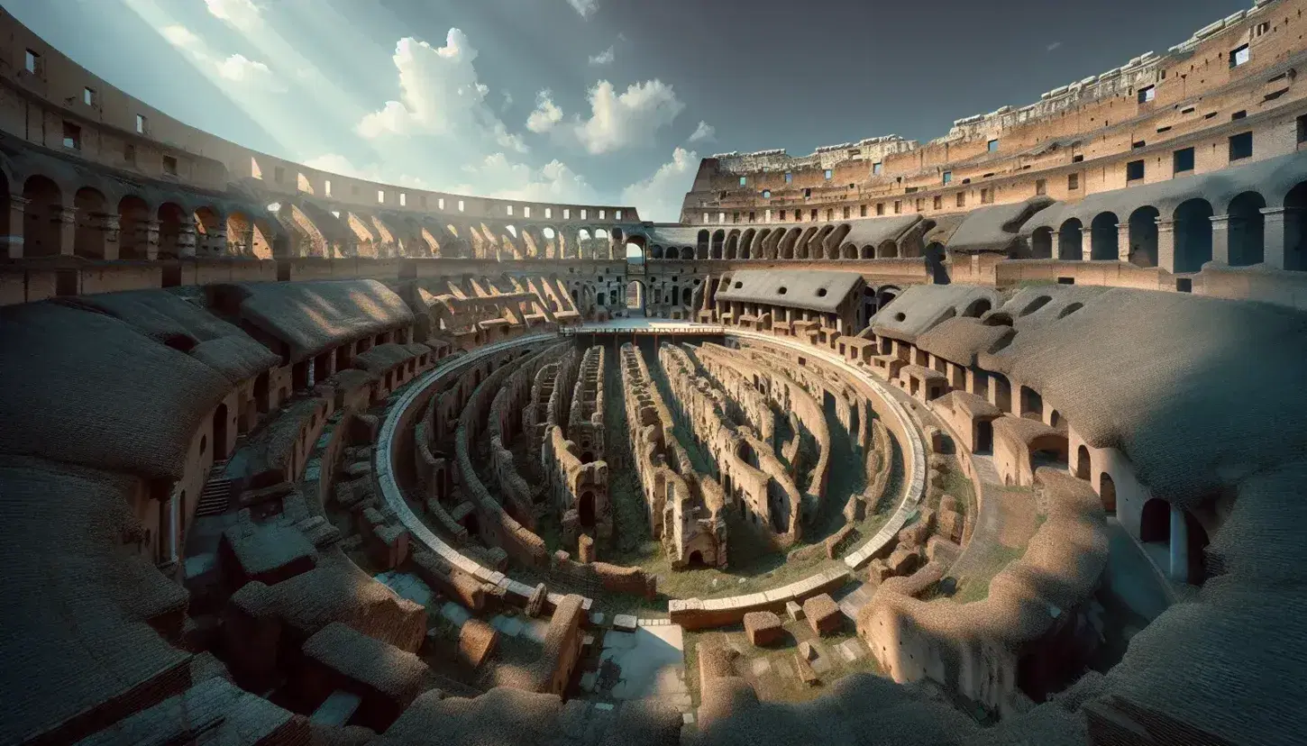 Vista interna del Colosseo con arena ellittica, strutture sotterranee esposte, gradinate erose e cielo azzurro.