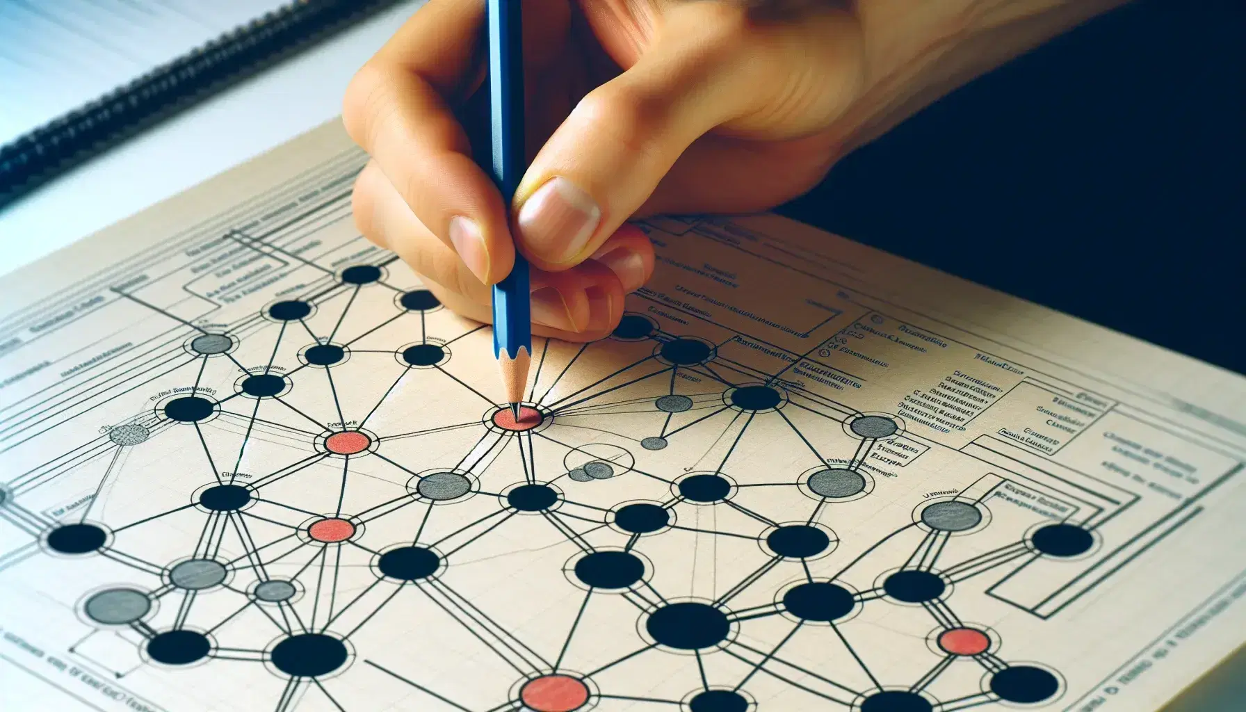 Project management network diagram with red and blue circles connected by black lines, hand with pencil ready to edit.
