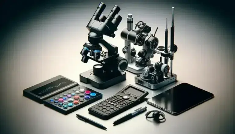 Microscopio negro y plateado, calculadora científica gris, smartphone apagado, tableta gráfica con stylus, gafas VR negras, robot de juguete blanco y dron con hélices, en superficie clara.