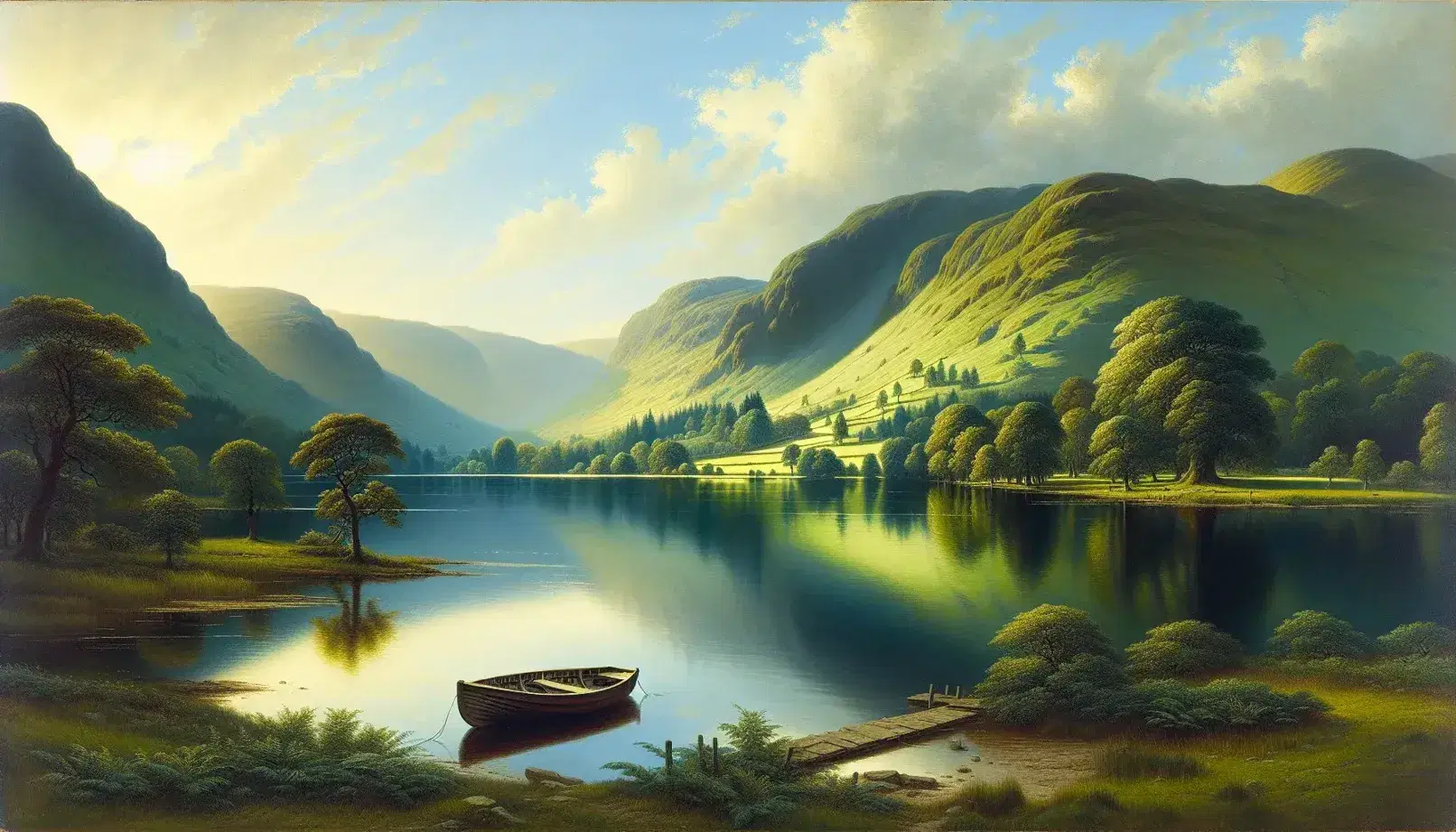 Serene Lake District landscape with calm lake reflecting sky hues, tethered rowboat, rolling green hills, and distant snow-capped mountains at dawn/dusk.