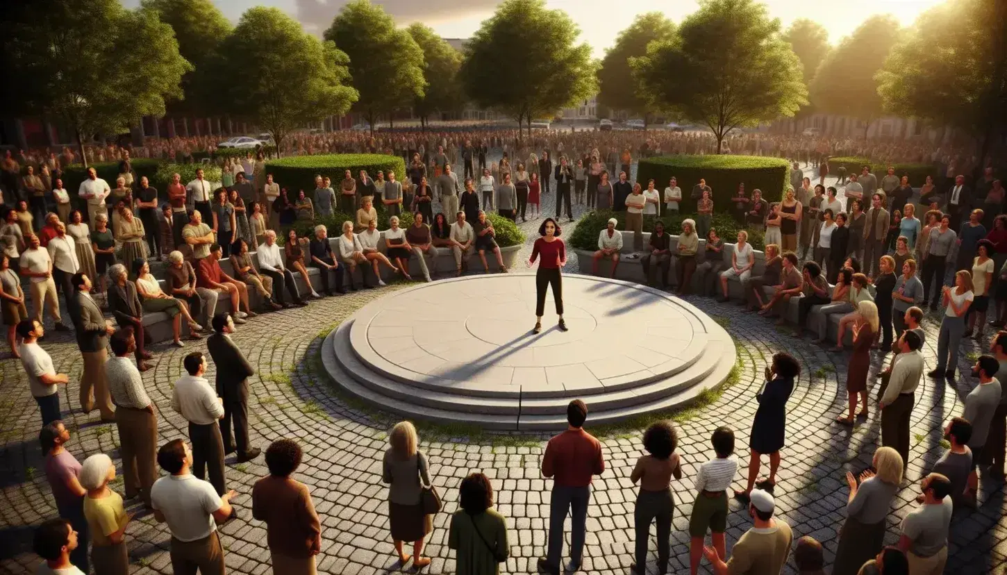 Diverse crowd attentively listens to a Middle-Eastern woman speaking on a stone platform in a sunny, tree-lined public square.