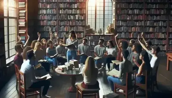 Grupo de estudiantes diversos atentos a una profesora que muestra un libro en una biblioteca iluminada naturalmente, con estantes llenos de libros y una mesa con libros y gafas en primer plano.