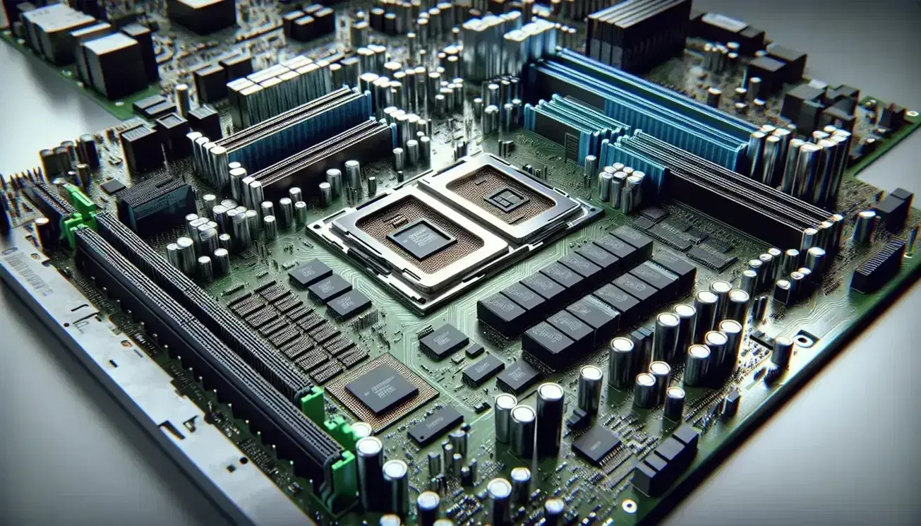 Close-up view of a computer motherboard with CPU, memory modules and various electronic components on blurred background.