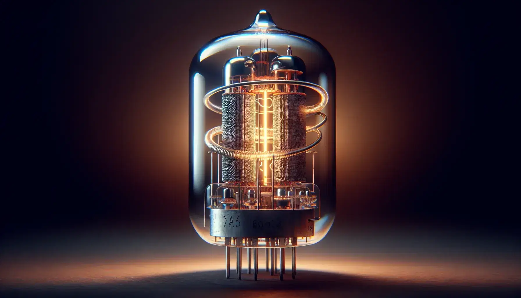 Close-up view of a thermionic diode vacuum tube with a glowing filament, showcasing internal metallic cathode and reflective anode.