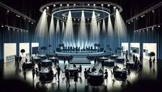 Evento aziendale vivace con palco moderno, riflettori, persone sedute a tavoli eleganti e stand informativi sullo sfondo.