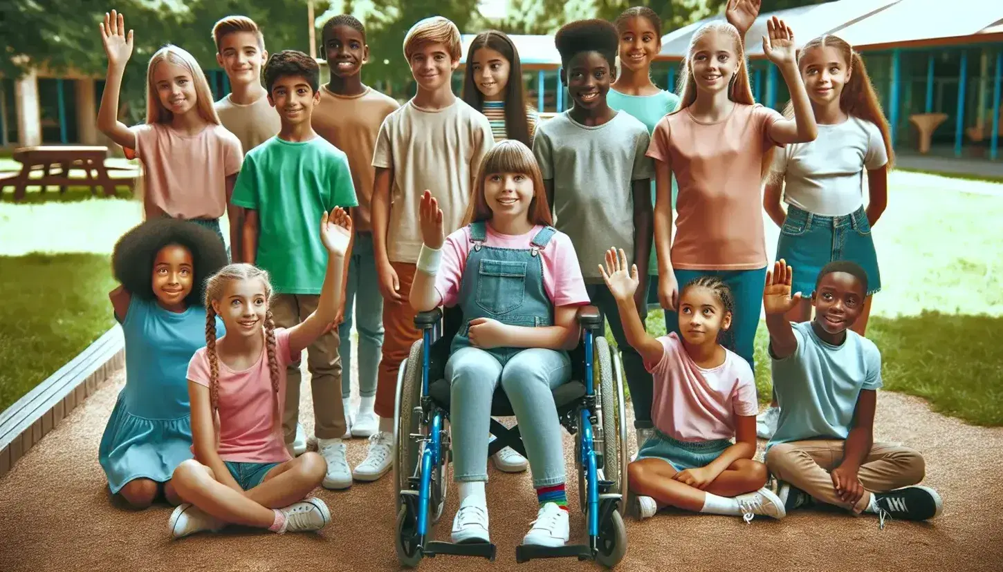 Grupo diverso de niños y adolescentes en un parque, incluyendo una niña sonriente en silla de ruedas, bajo un cielo azul claro, transmitiendo inclusión.