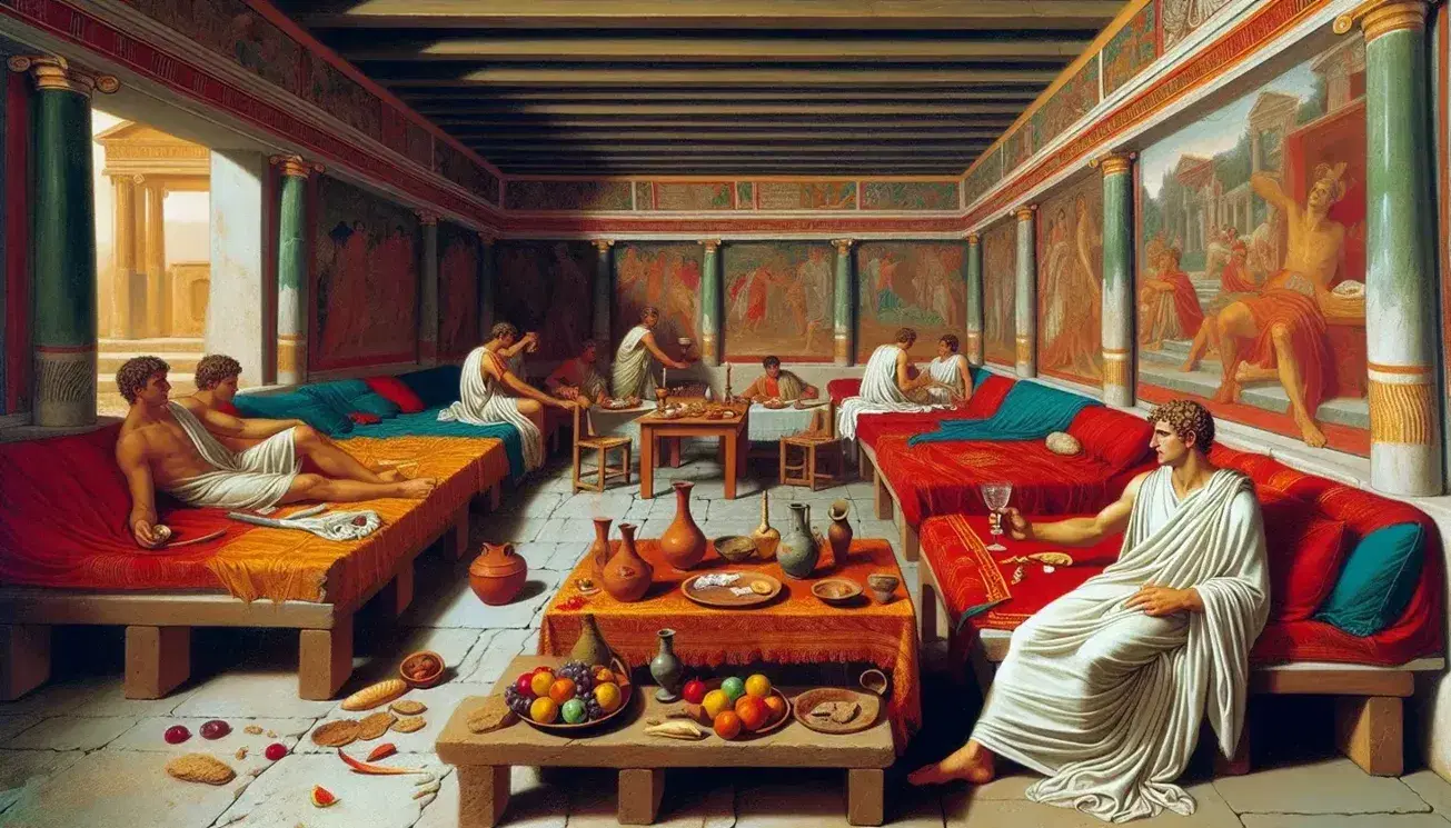 Scena di banchetto nell'antica Roma con uomo disteso su letto e servitore che versa vino, tavola imbandita e affreschi sulle pareti.