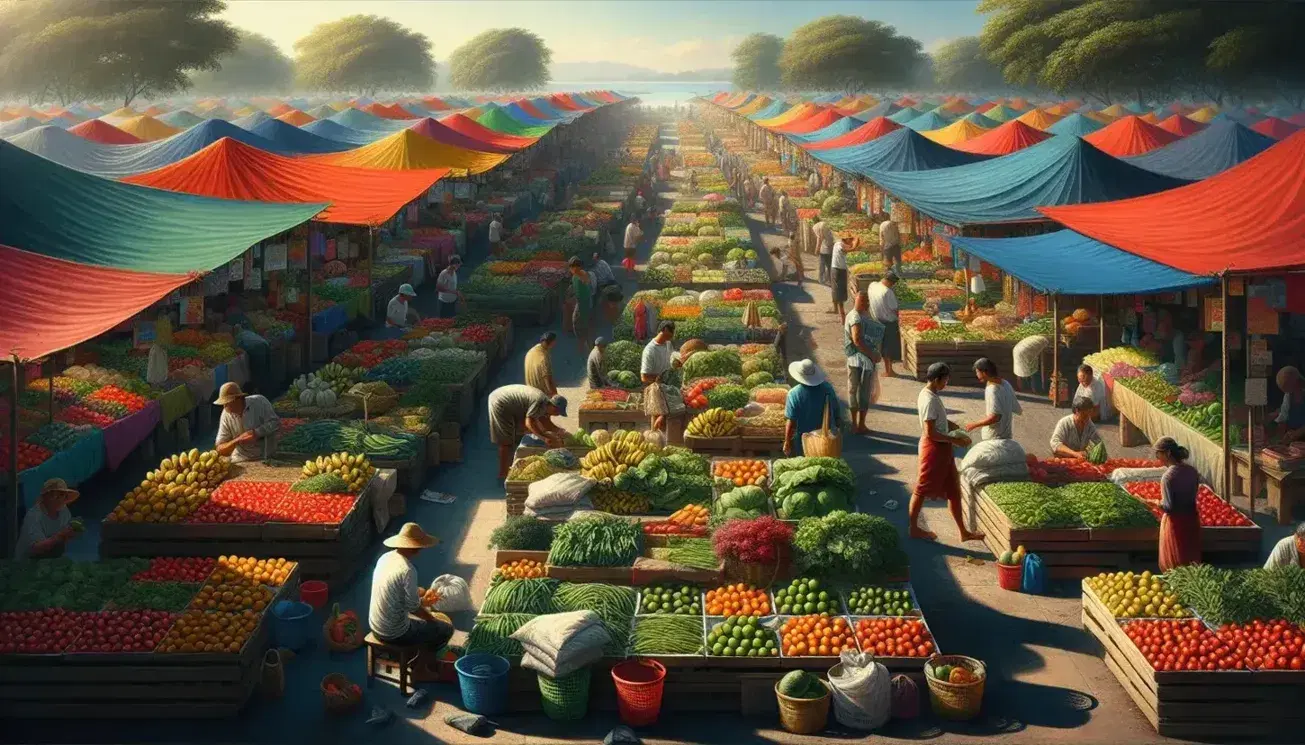 Mercado al aire libre con puestos de frutas y verduras frescas, gente comprando y vendedores atendiendo bajo un cielo despejado.