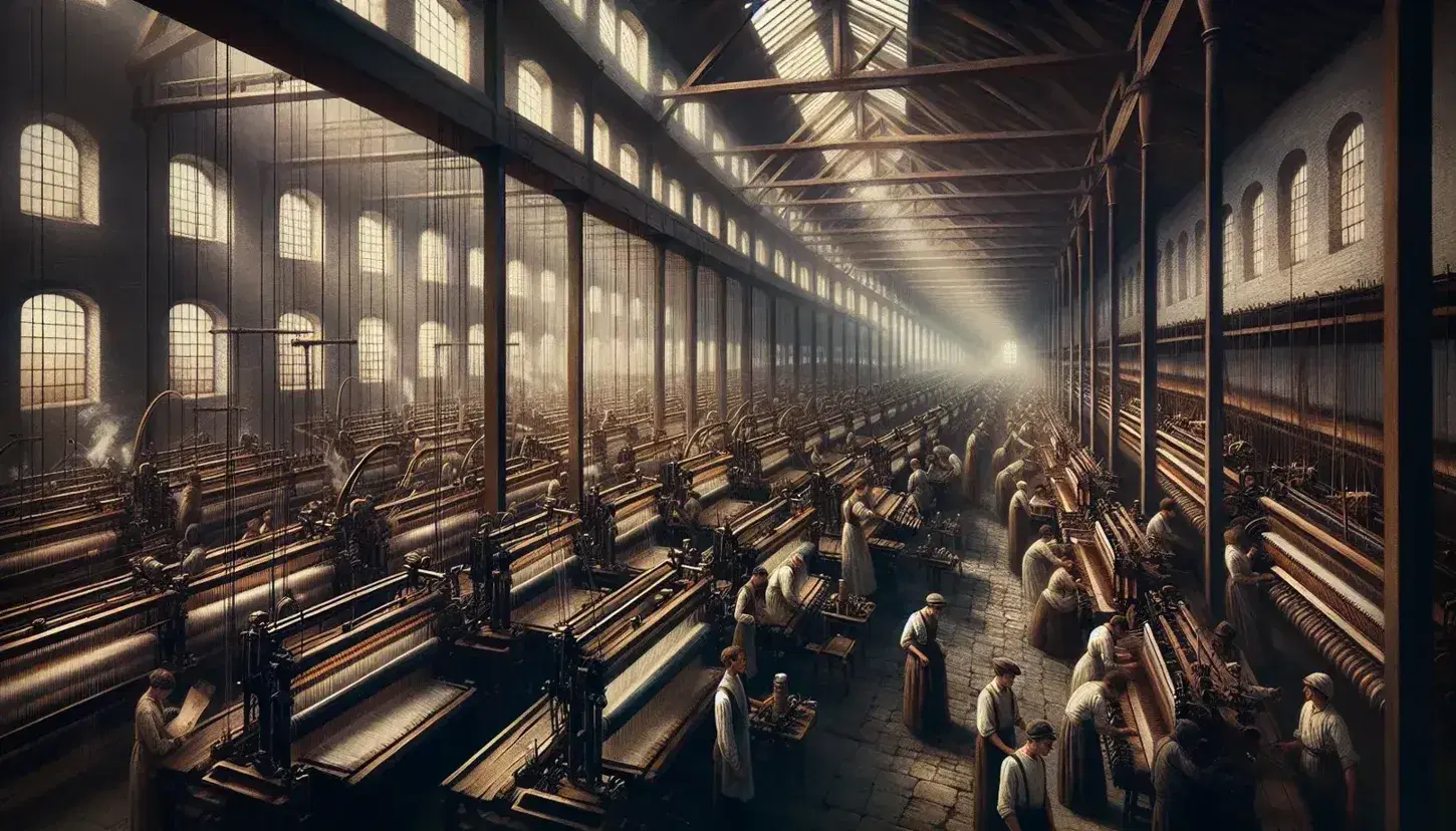 Dimly lit 19th-century factory with rows of mechanical looms operated by focused workers in simple attire, under arched windows and wooden beams.
